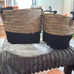 Real Home set/2 Round Storage Basket, Braided Seagrass & Cotton Rope